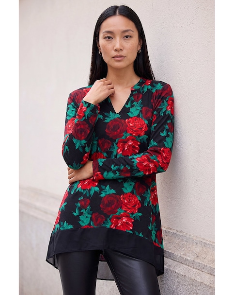 Roman Floral Print V-Neck Chiffon Top