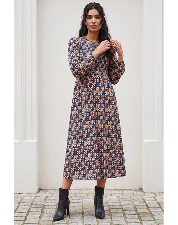 Roman Geometric Print Shirred Midi Dress