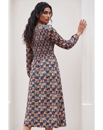 Roman Geometric Print Shirred Midi Dress