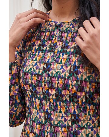 Roman Geometric Print Shirred Midi Dress