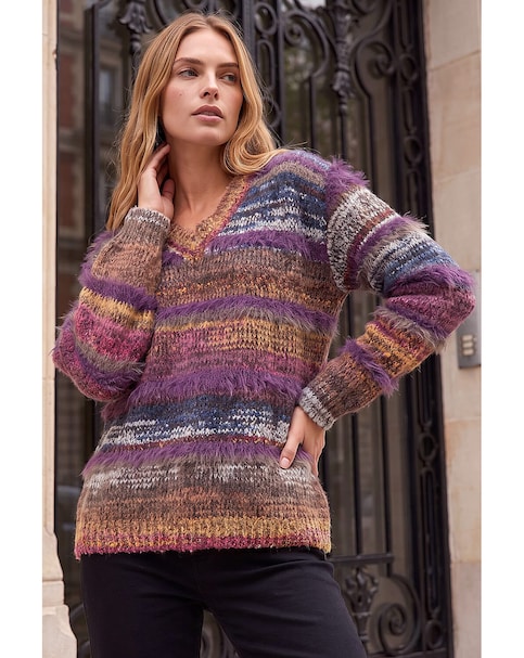 Roman Textured Stripe V-Neck Knit Jumper