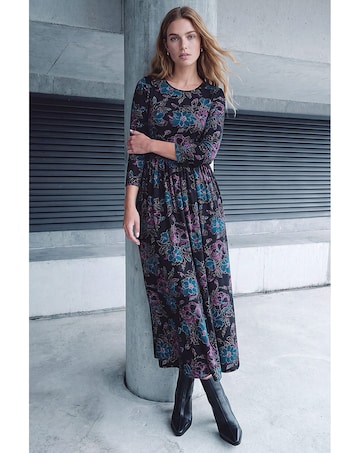 Roman Floral Stretch Waist Midi Dress