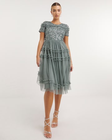 Maya Deluxe Puff Sleeve Delicate Sequin Ruffle Midi Dress