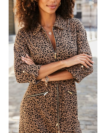 Sosander Leopard Print 3/4 Sleeve Denim Dress