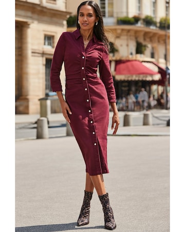 Sosander 3/4 Sleeve Ruched Waist Popper Front Denim Dress