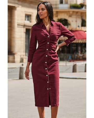 Sosander 3/4 Sleeve Ruched Waist Popper Front Denim Dress