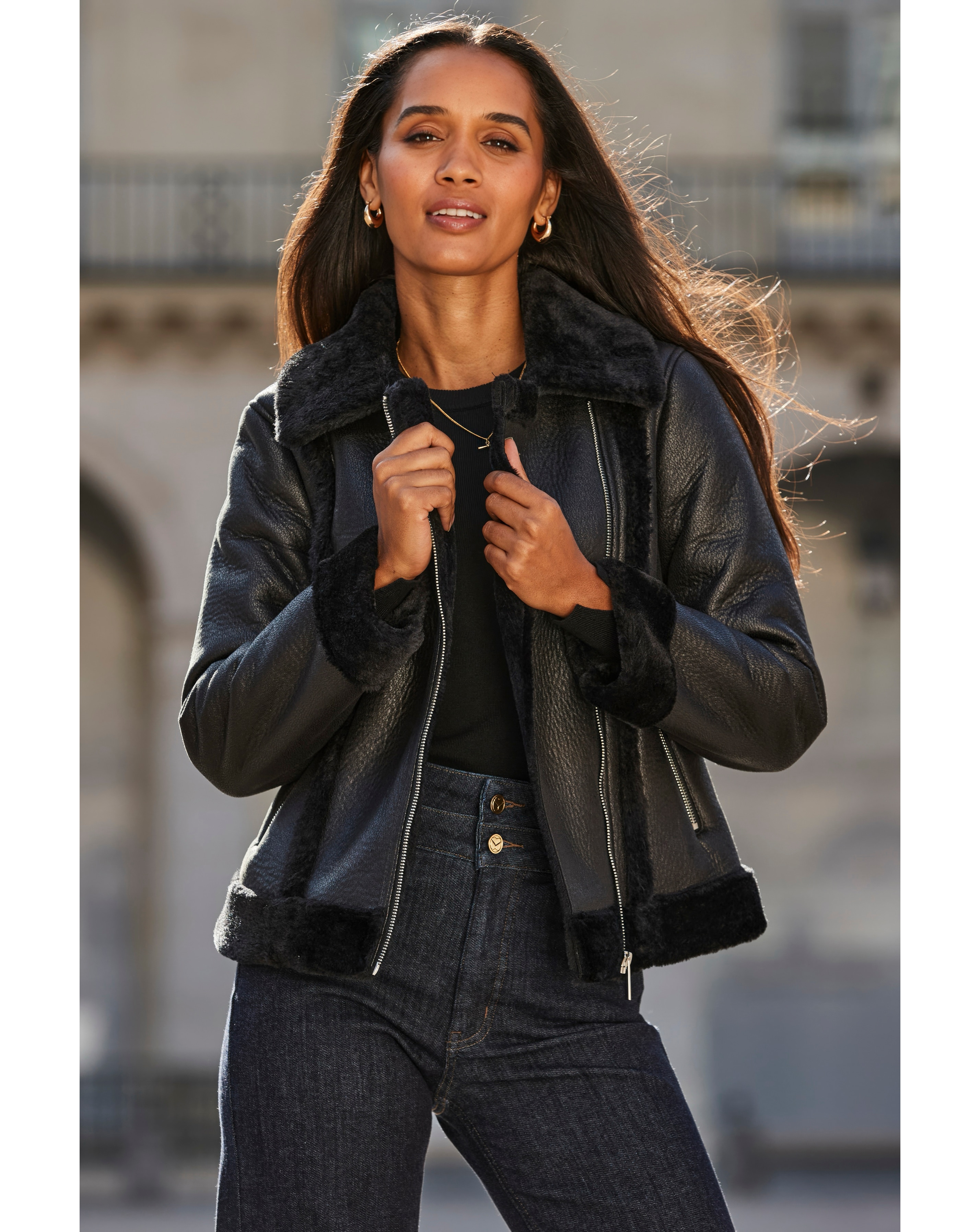 Sosandar Faux Shearling Aviator Jacket