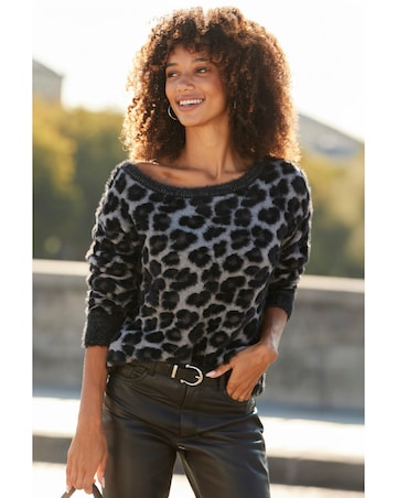 Sosandar Fluffy Animal Jacquard Metallic Off The Shoulder Jumper