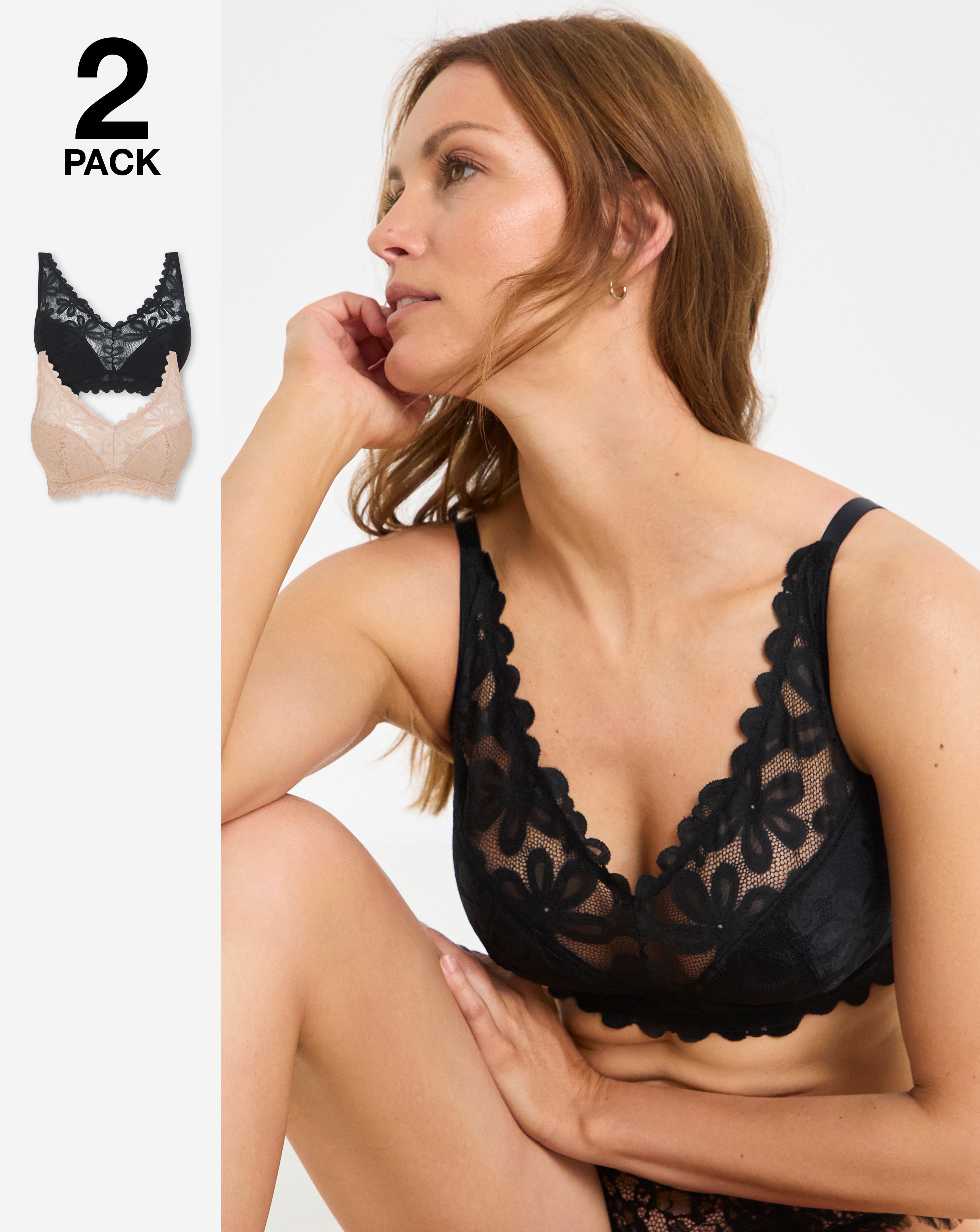 2 Pack Daisy Lace Plunge Bras