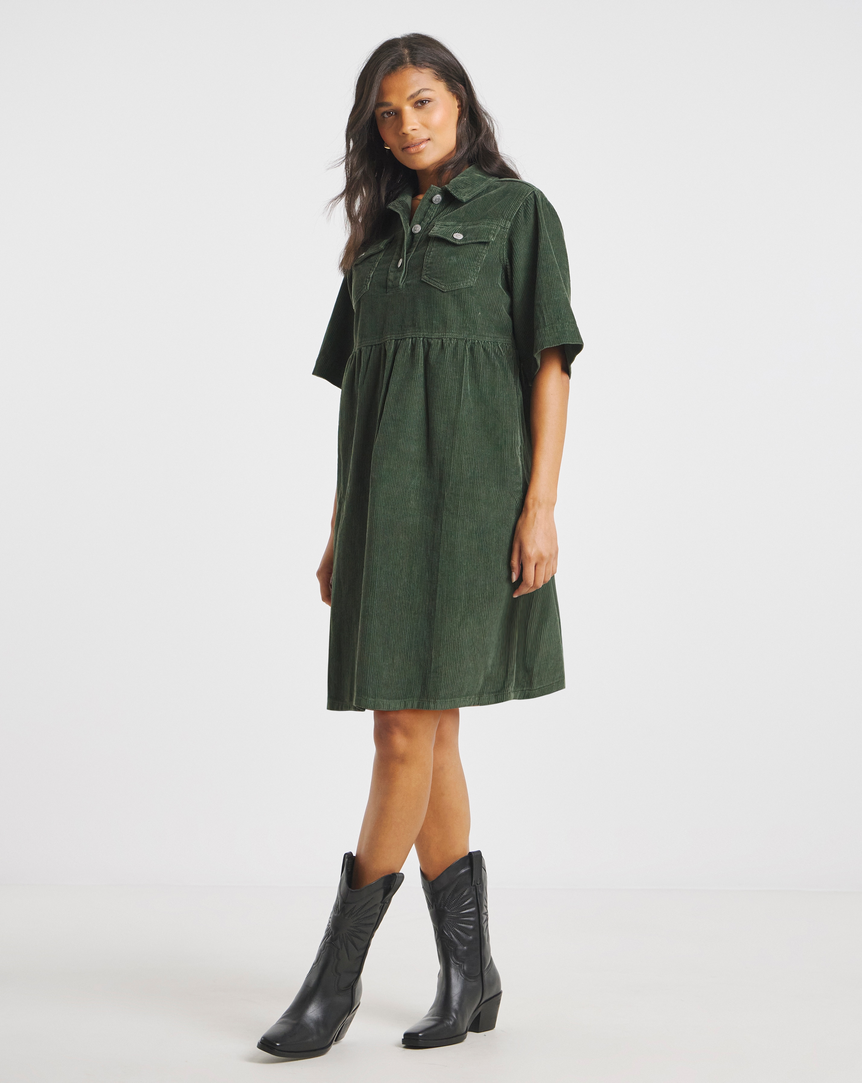 Khaki Cord Boxy Mini Dress