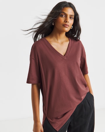 Washed Burgundy Oversized Slouchy V Neck T-Shirt