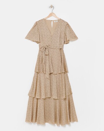 Flounce London Camel Black Spot Satin Tiered Maxi Dress