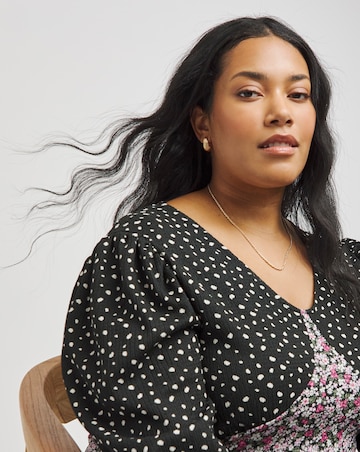 V-Neck Balloon Sleeve Mixed Print Top