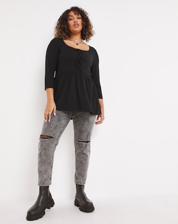 Black 3/4 Sleeve Lace Up Front Longline Tunic Top