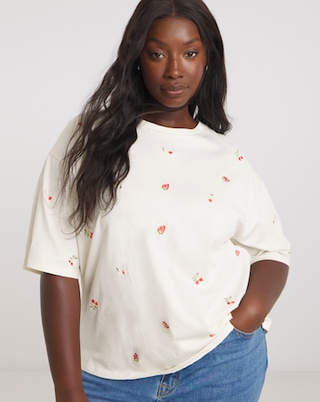 Simply Be Ecru Cherry & Stawberry Embroidered T-Shirt