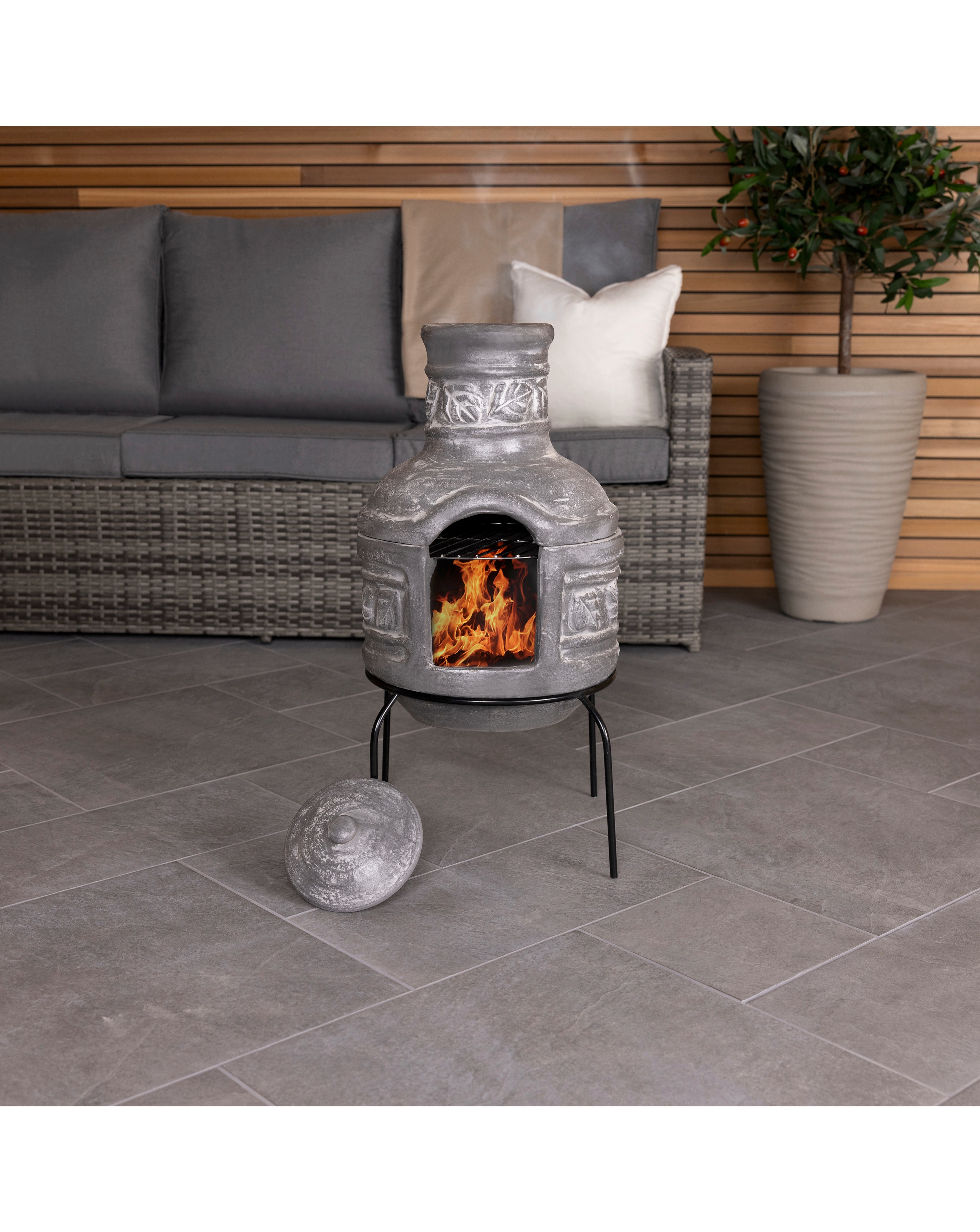Leaf Motif Clay Chimenea With Grill