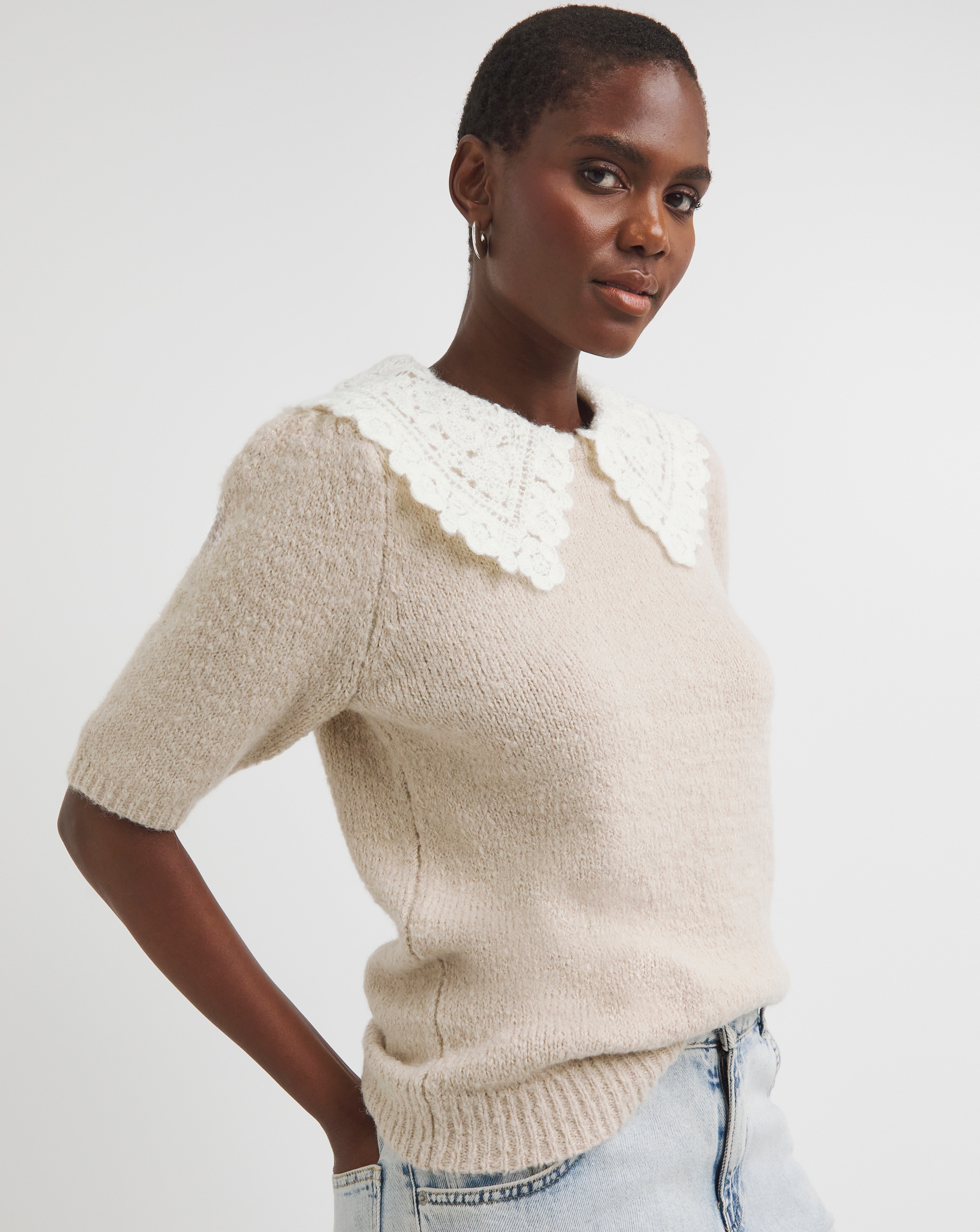 Crochet Collar Short Sleeve Jumper
