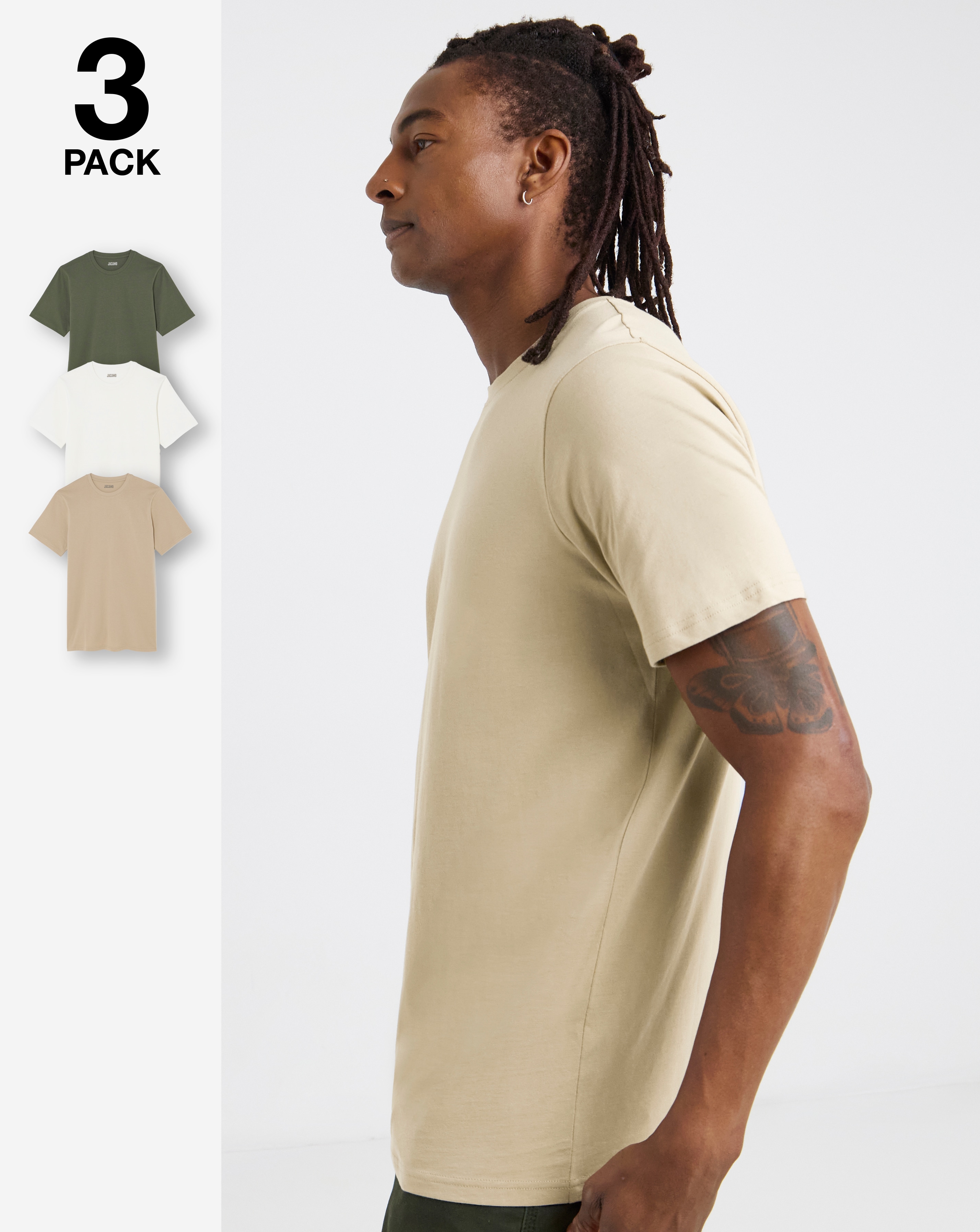 3 Pack Crew Neck T-Shirts Long - Neutral