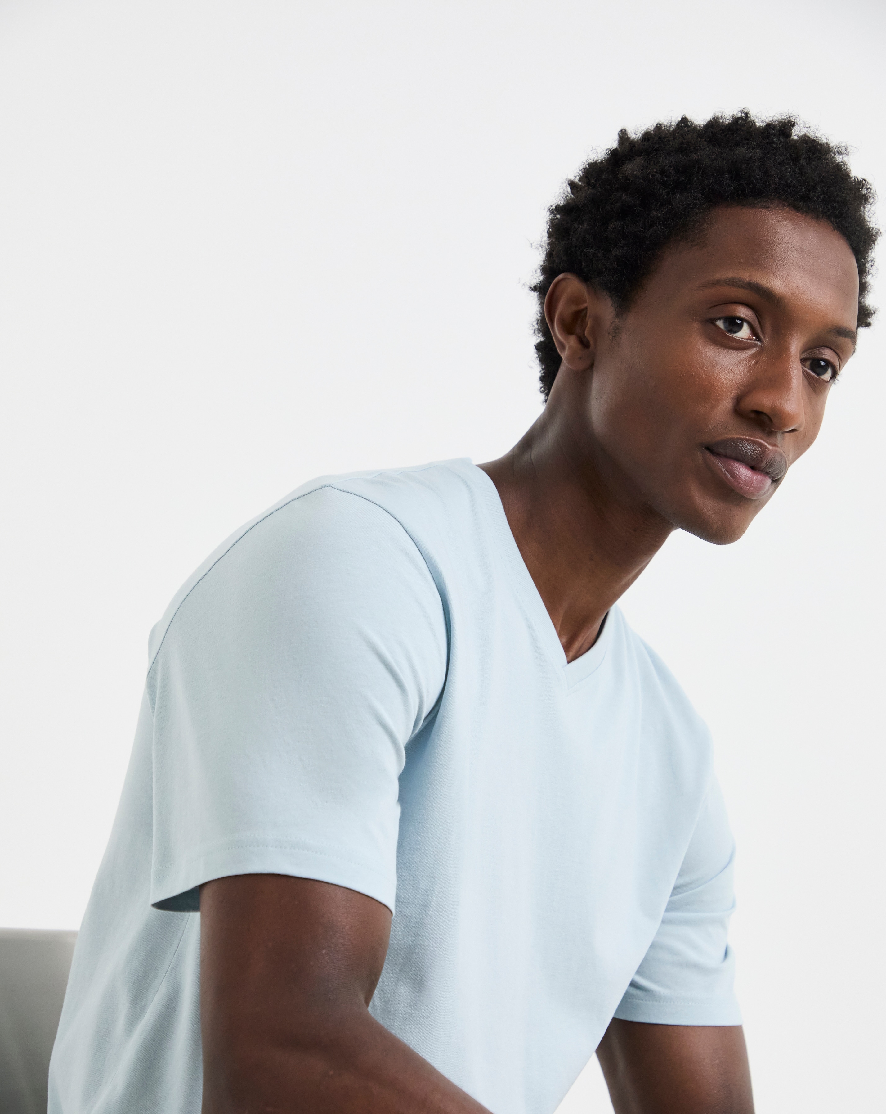 Pure Cotton V-Neck T-shirt Long - Blue