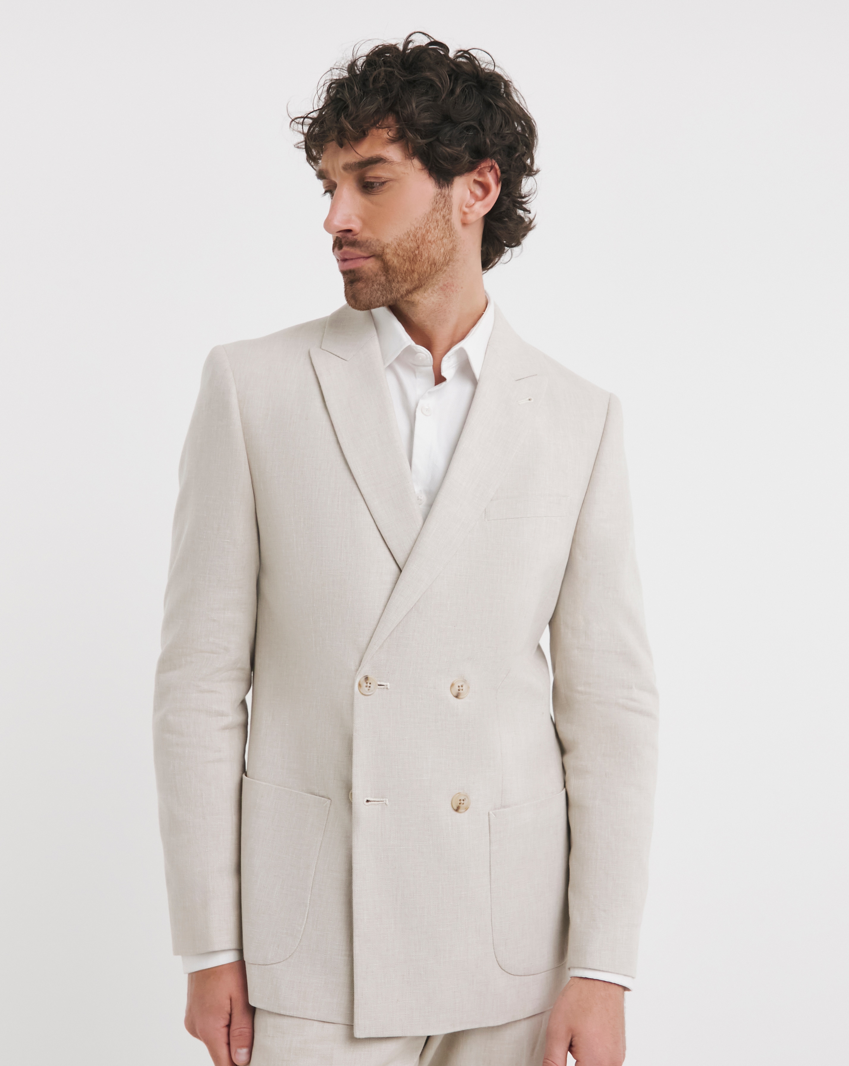 Linen Blend Double Breasted Suit Jacket