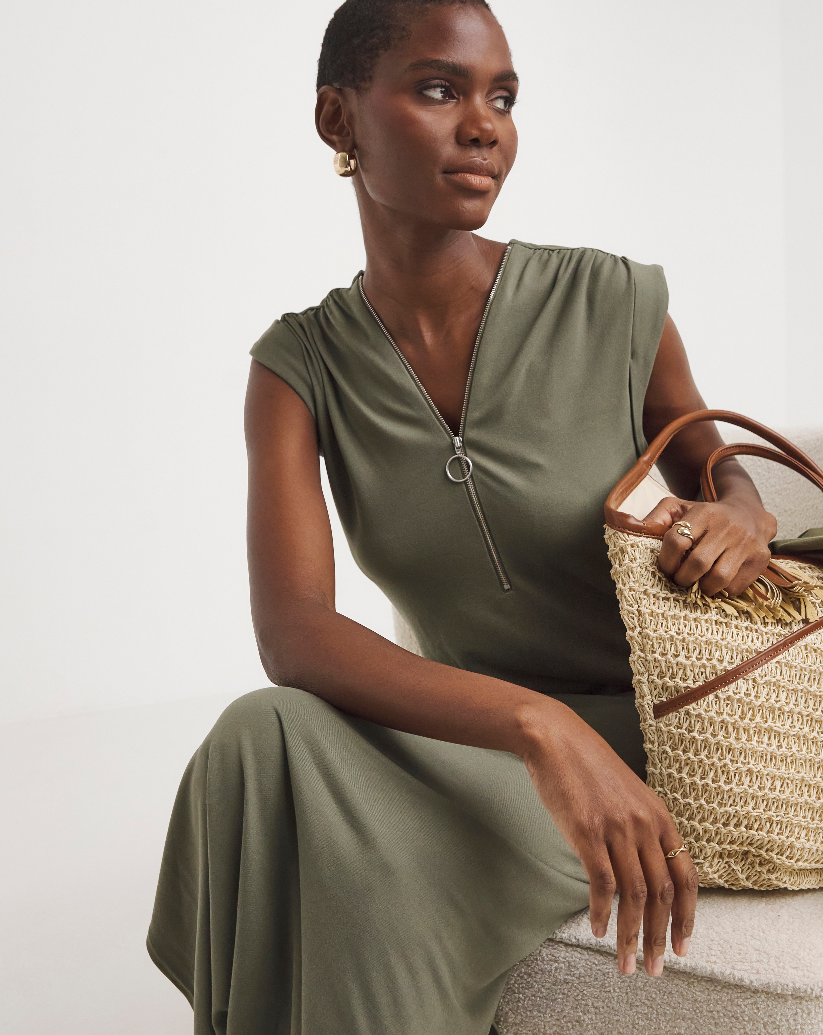 Soft Touch Midi Dress With Zip Front