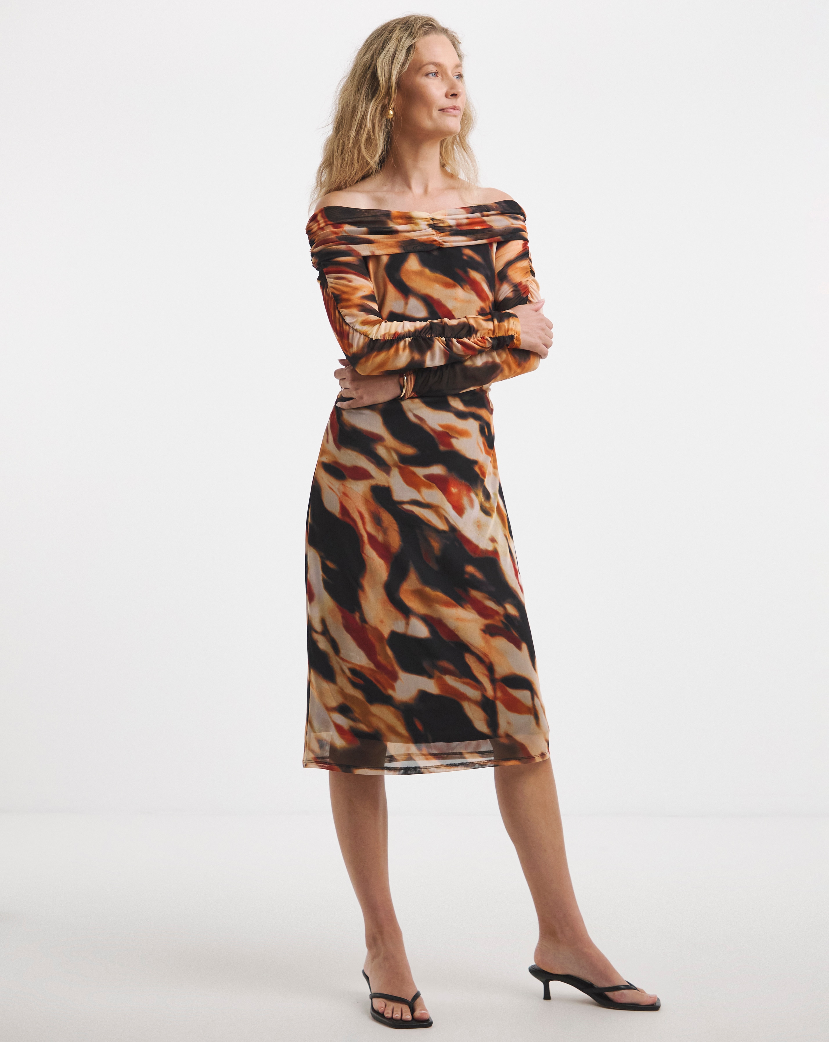 Mesh Rushed Bardot Dress