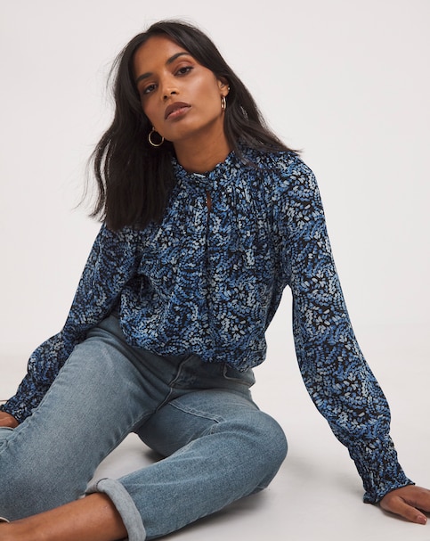 Sheer Yoke Blouse With Shirred Cuffs