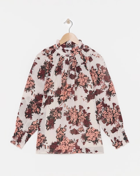 Sheer Yoke Top With Shirred Cuffs