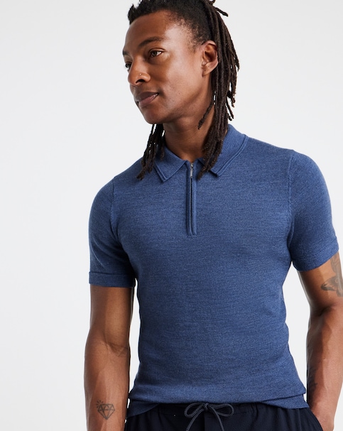 Navy Merino Wool Knitted Polo Slim Fit