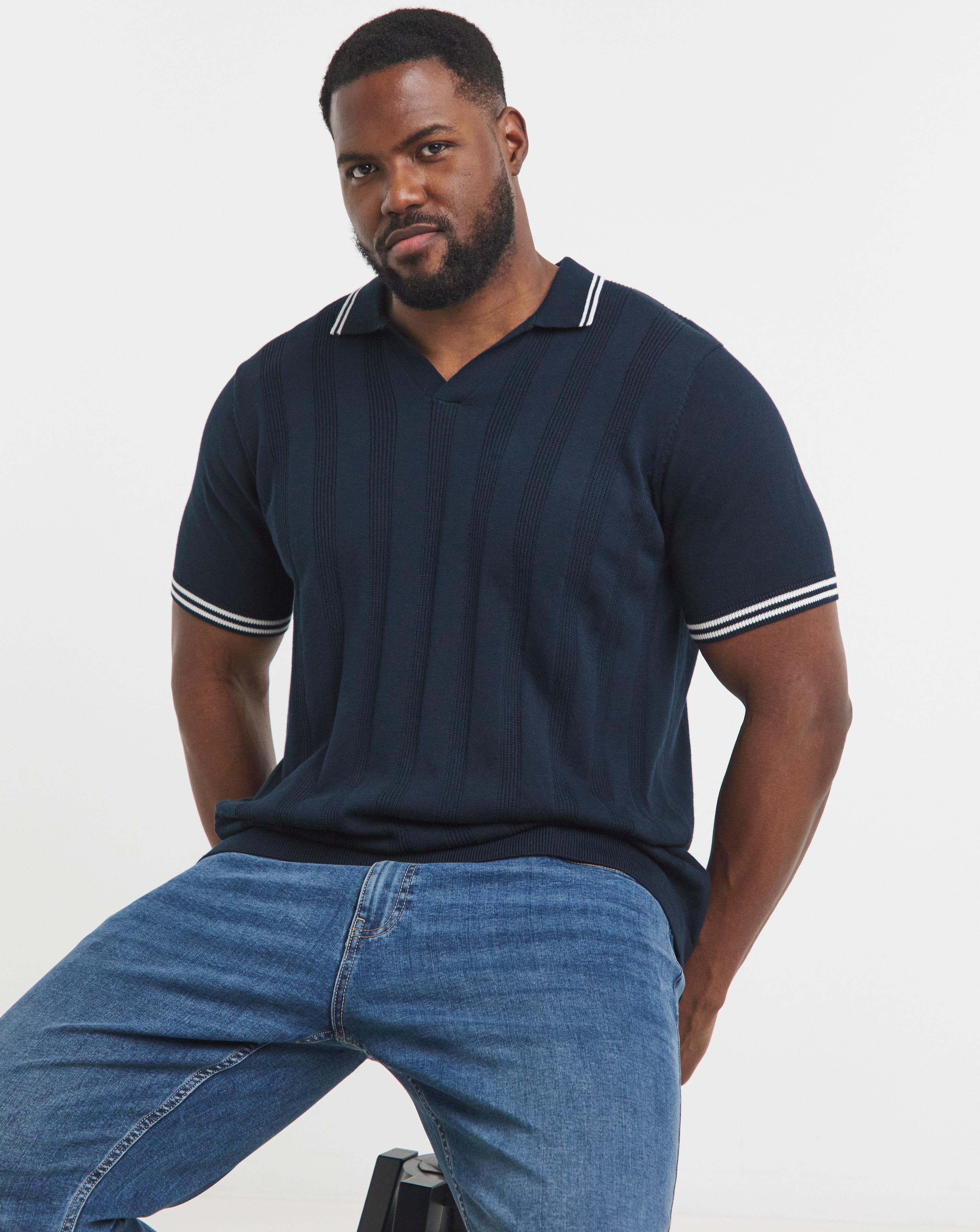 Knitted Navy Open Neck Polo