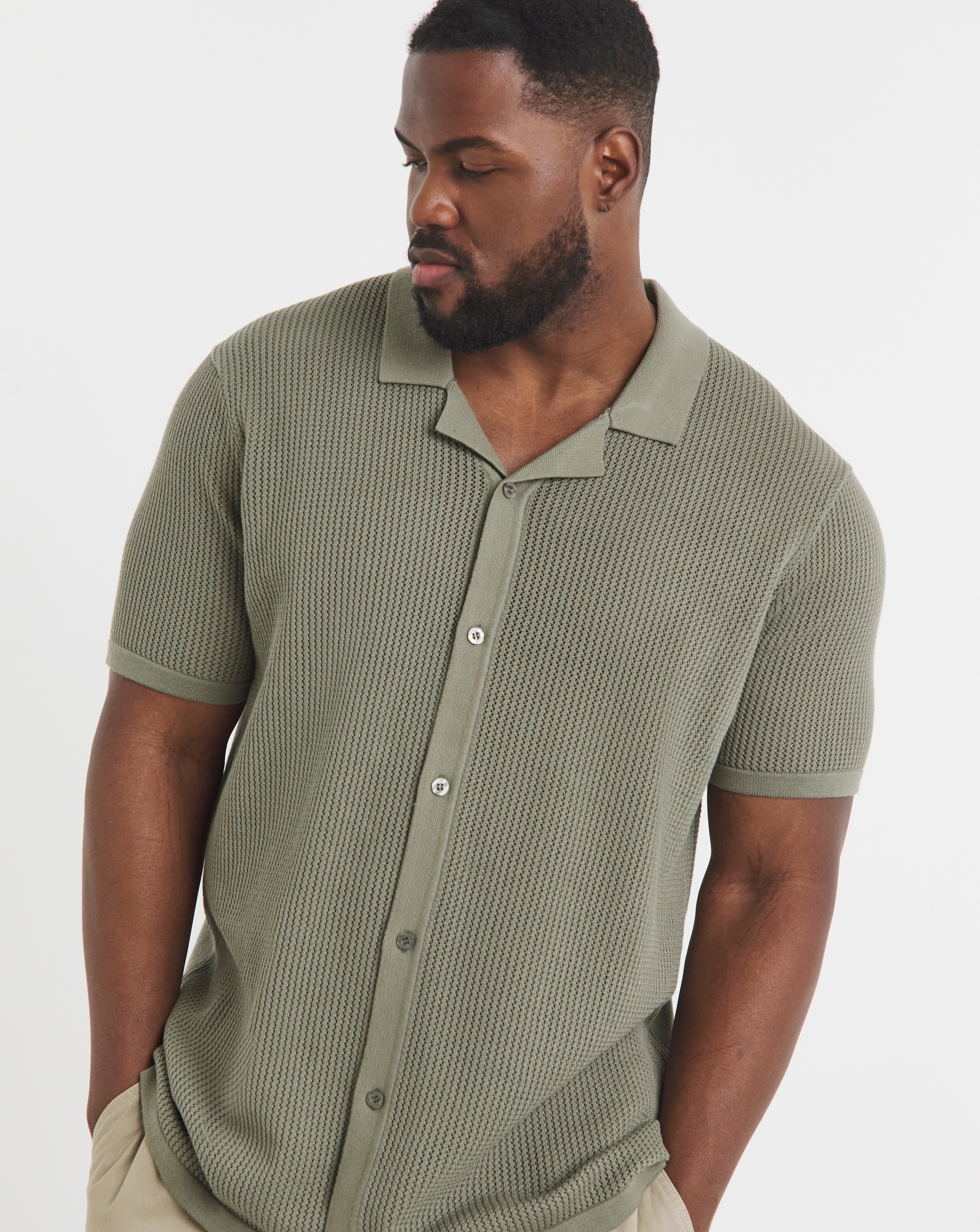 Green Knitted Revere Collar Shirt