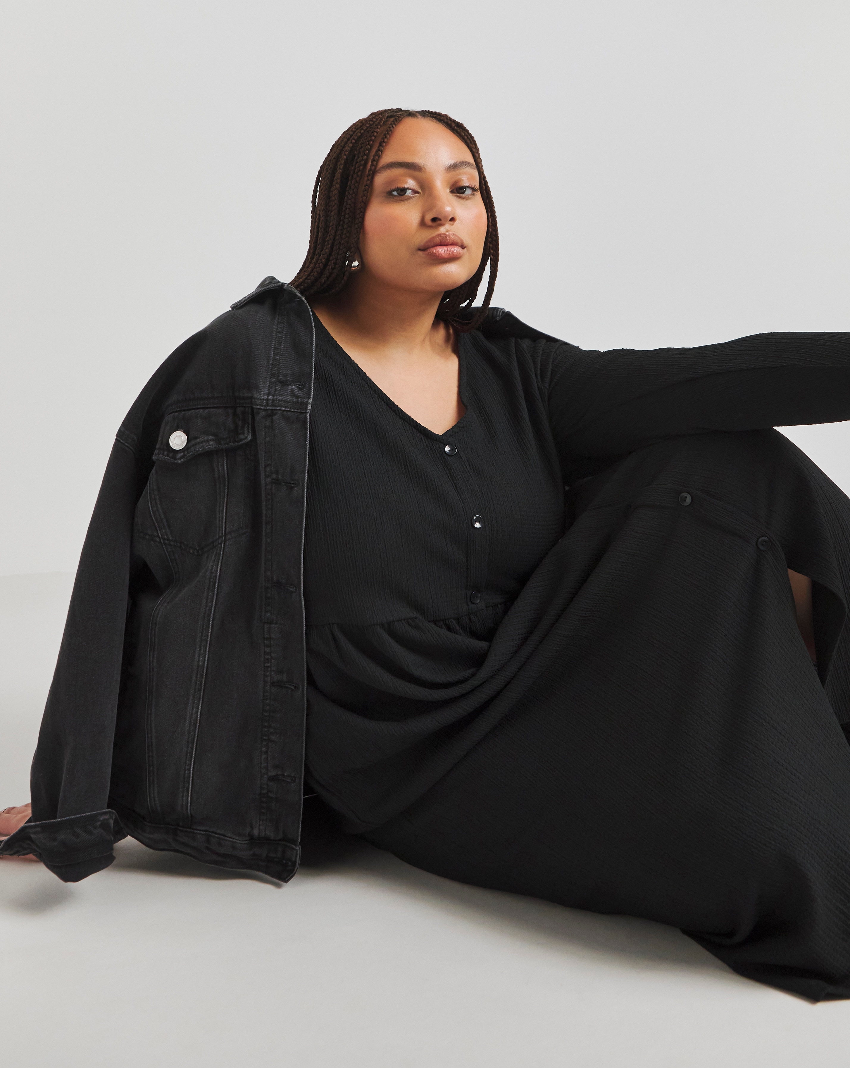 Black Waffle Button up Midi Dress