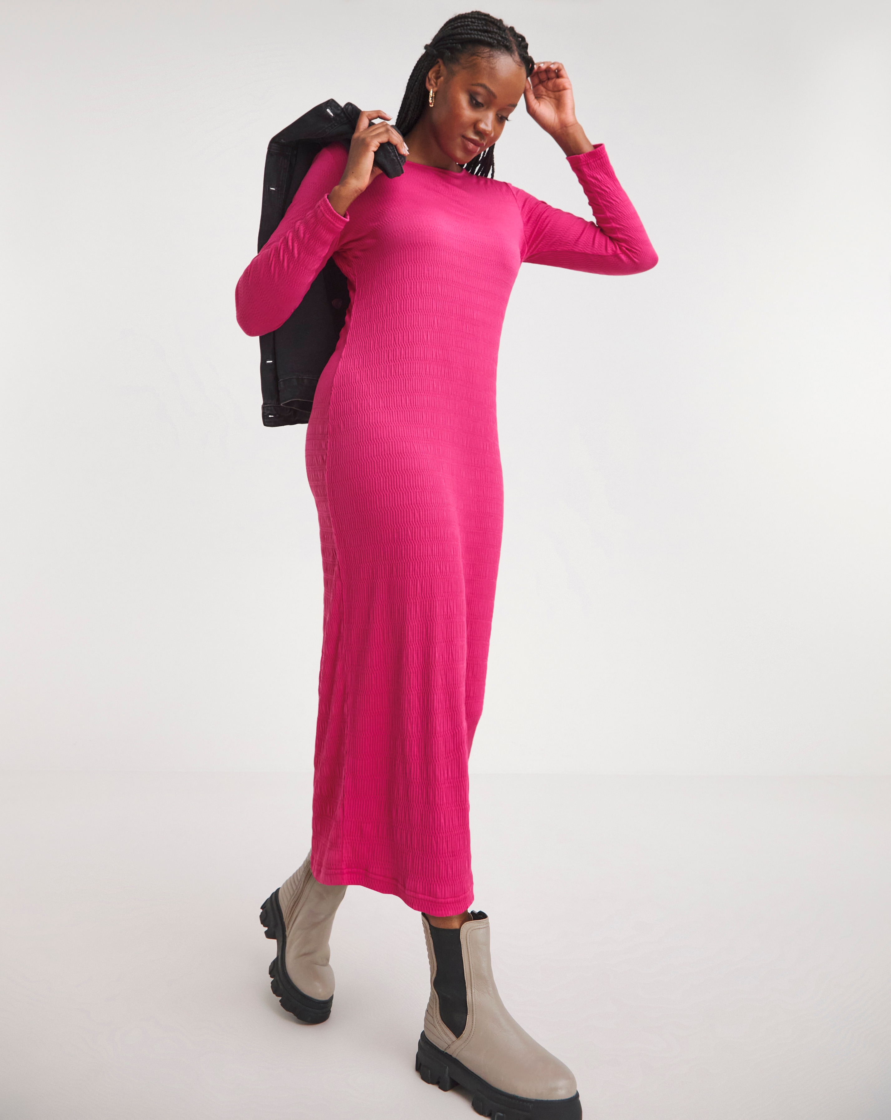 Long Sleeve Textured Jersey Midi Dress
