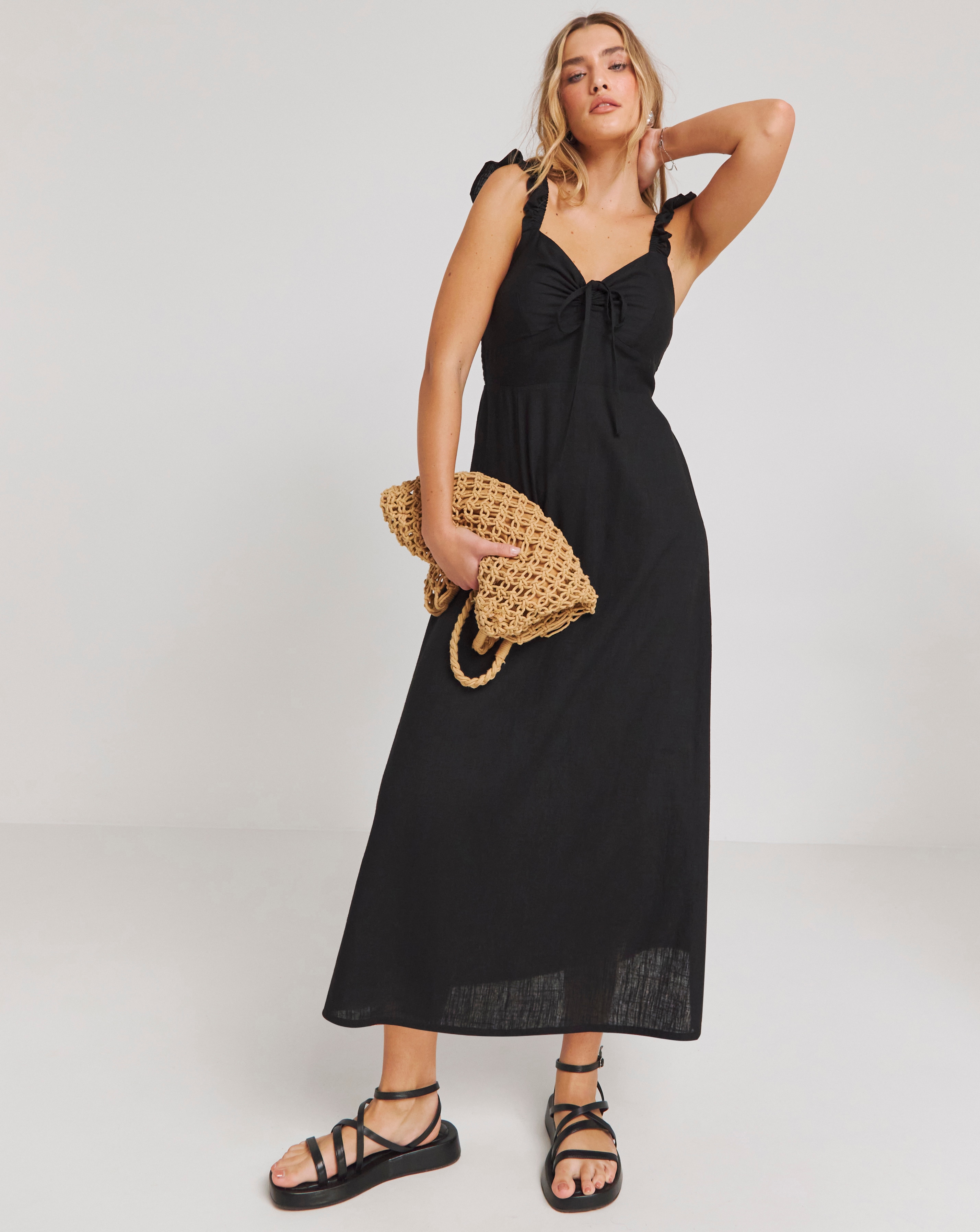Black Tie Front Linen Blend Slip Dress