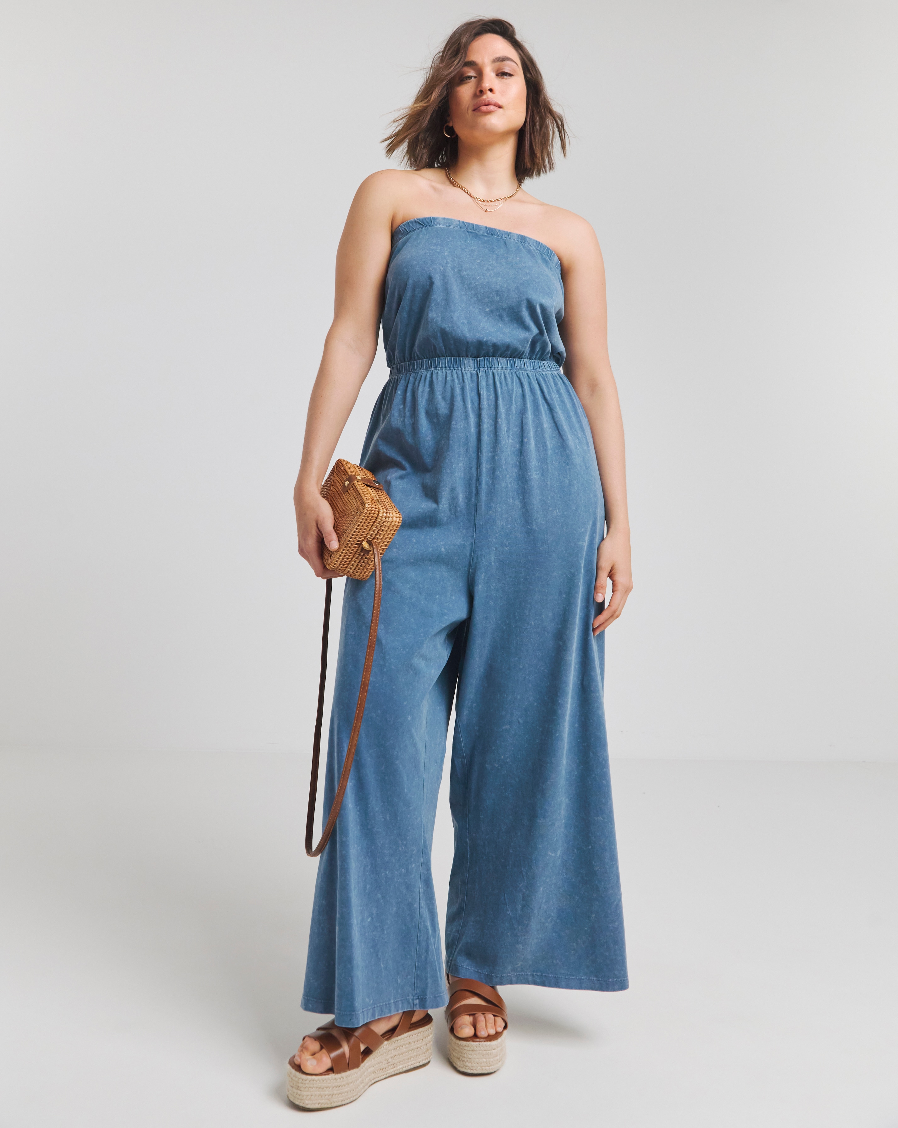Blue Acid Wash Cotton Jersey Jumpsuit