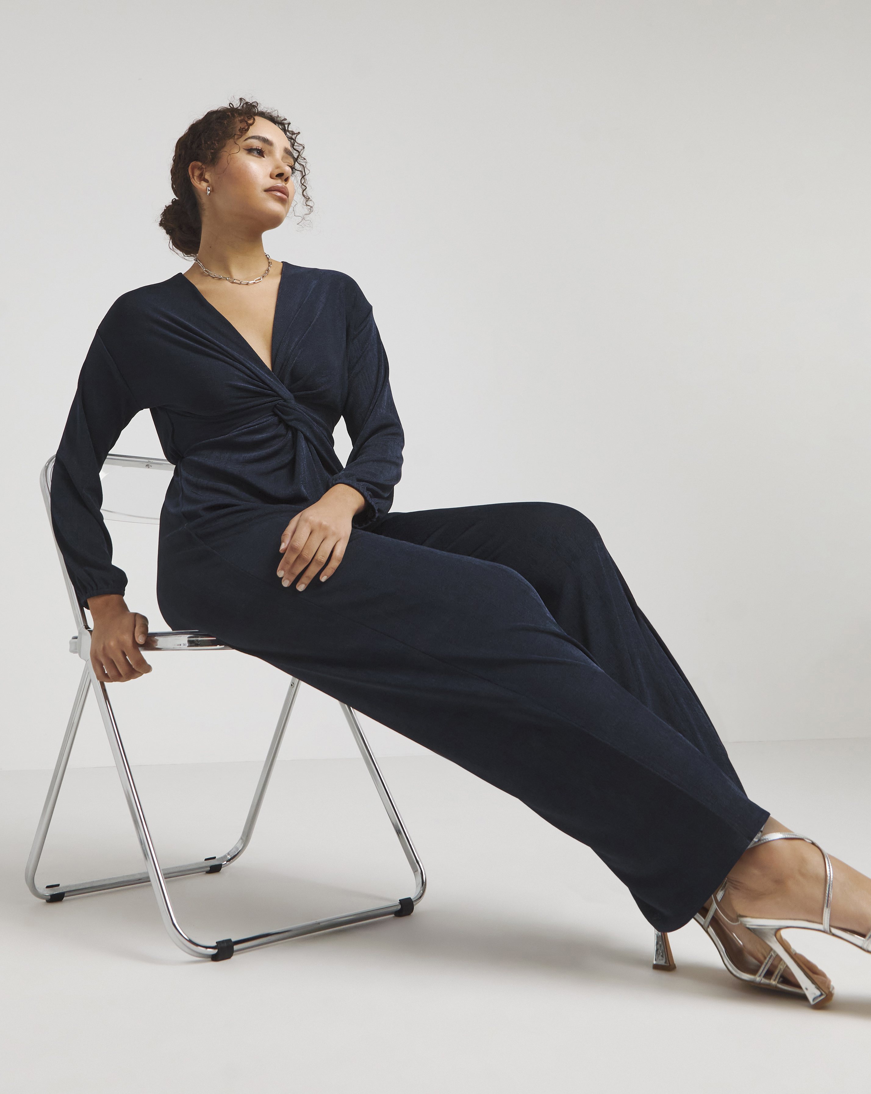 Navy Slinky Knot Front Jumpsuit