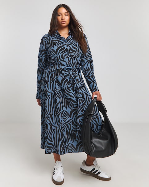 Blue Animal Button Up Shirt Dress