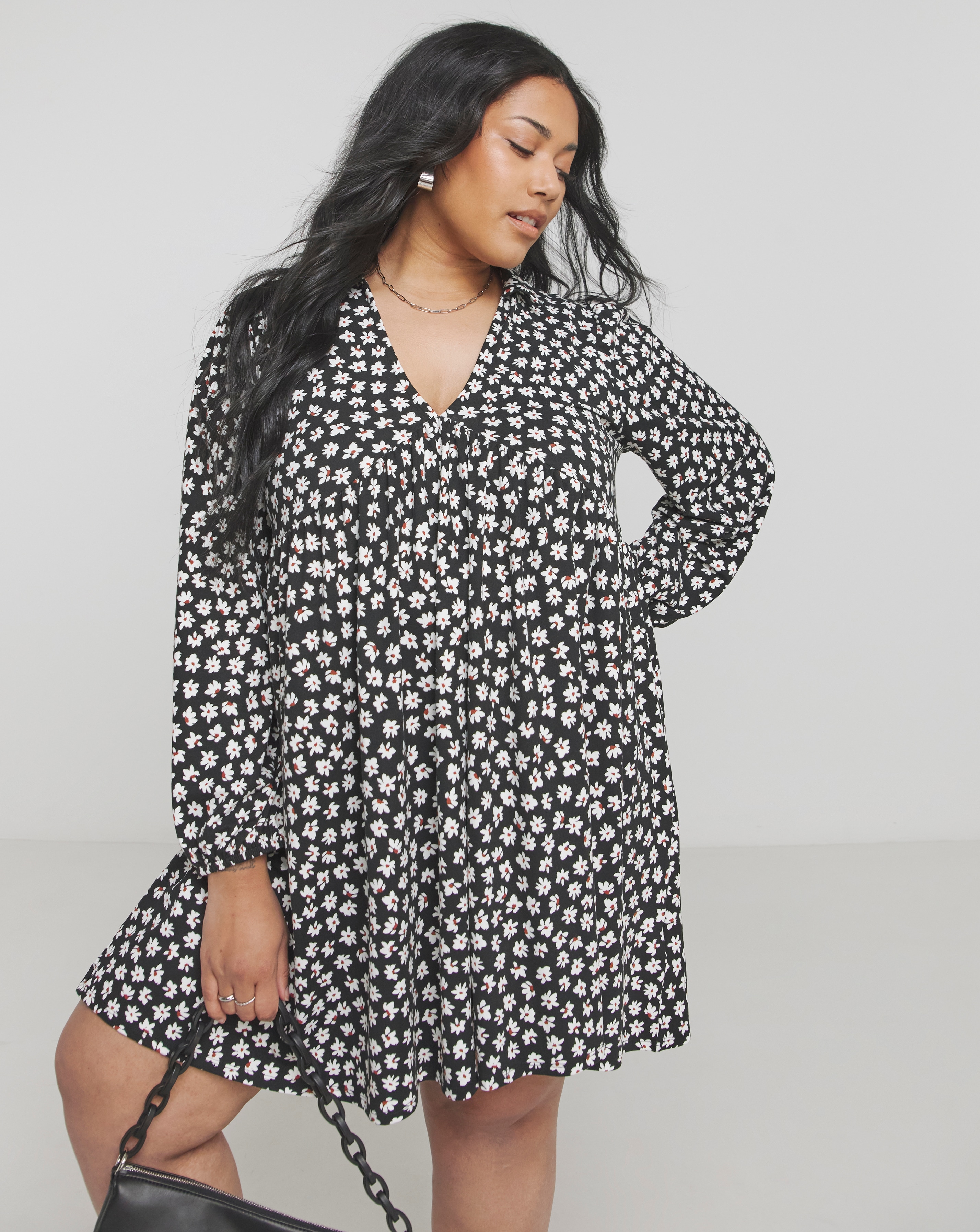 Black Ditsy Supersoft Smock Dress
