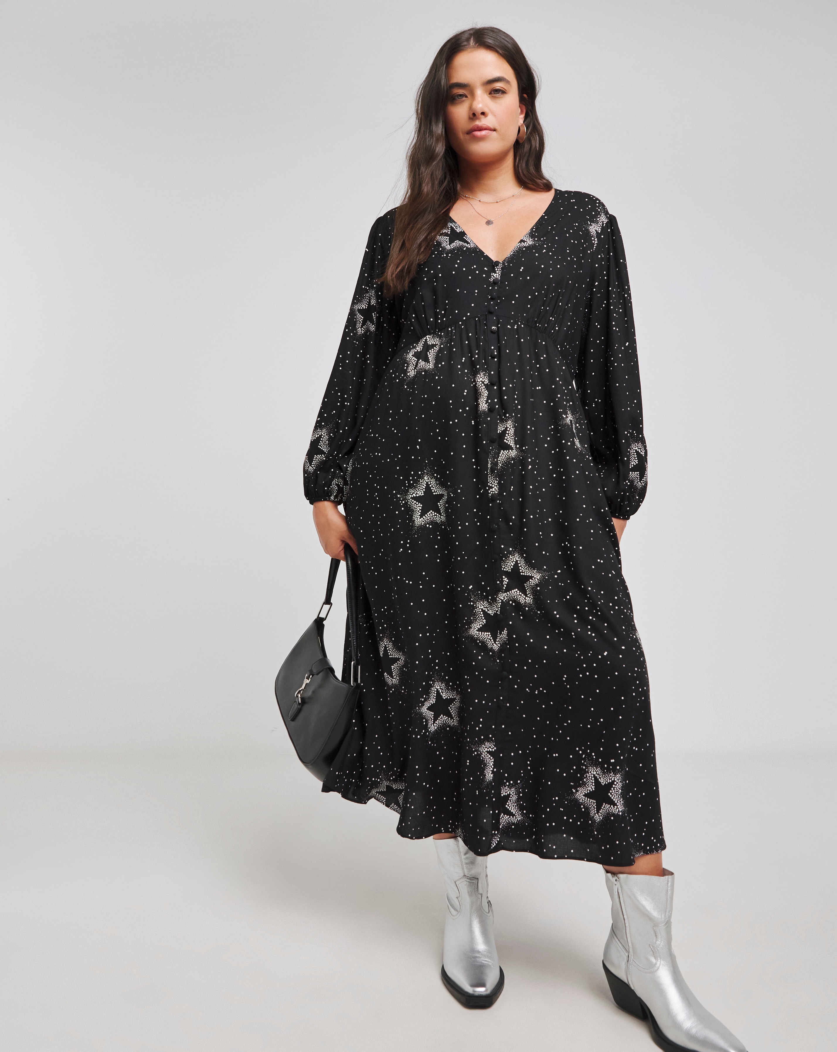 Black Print Button Through Midi Dress