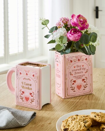 Coffee & Books Green Book Shaped Mug and Pink Book Shaped Vase Set