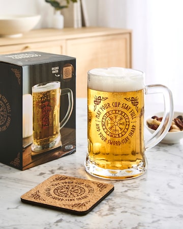 Viking Compass Glass Beer Tankard with Coaster