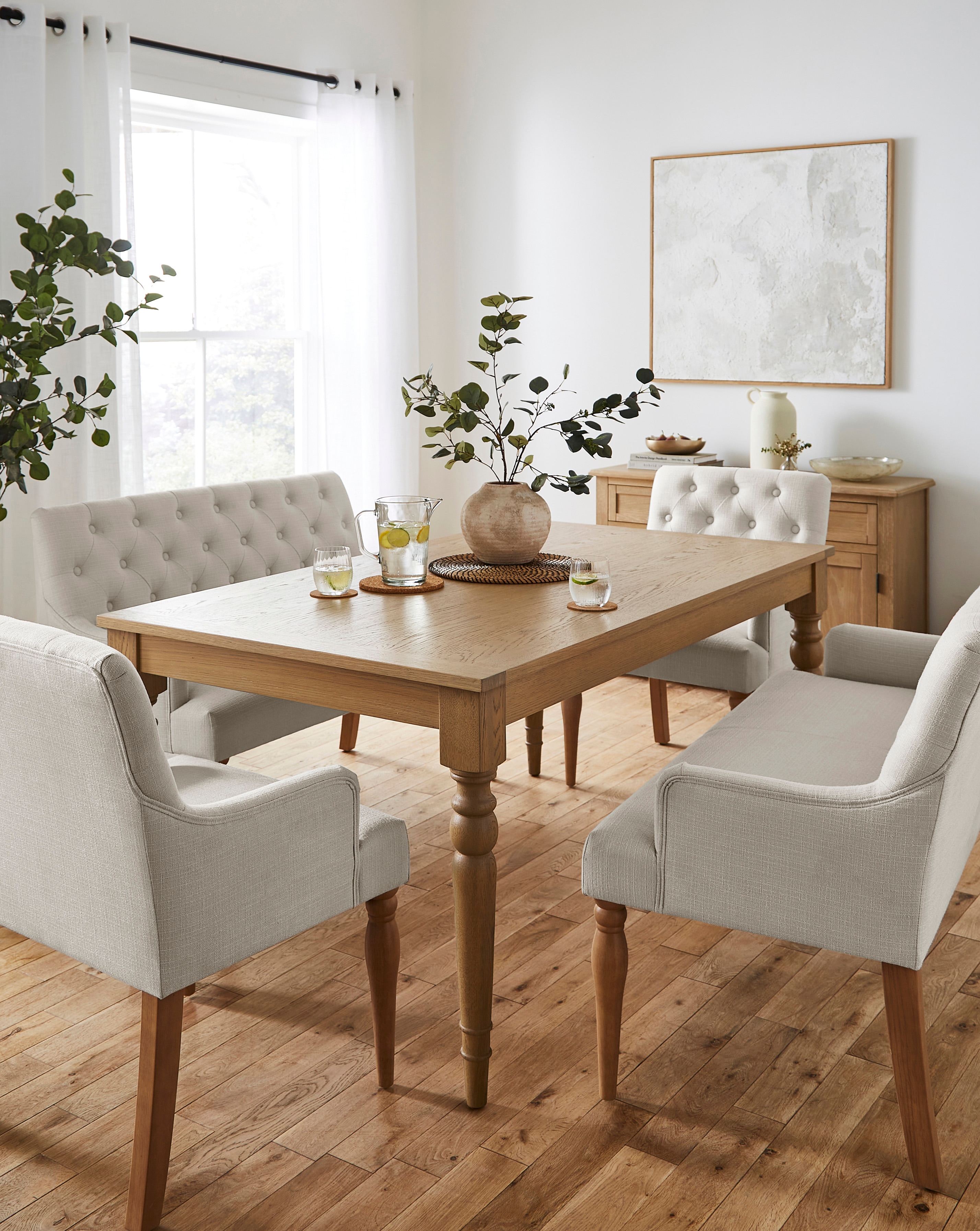 Margot with 2 Mae Benches & Chairs