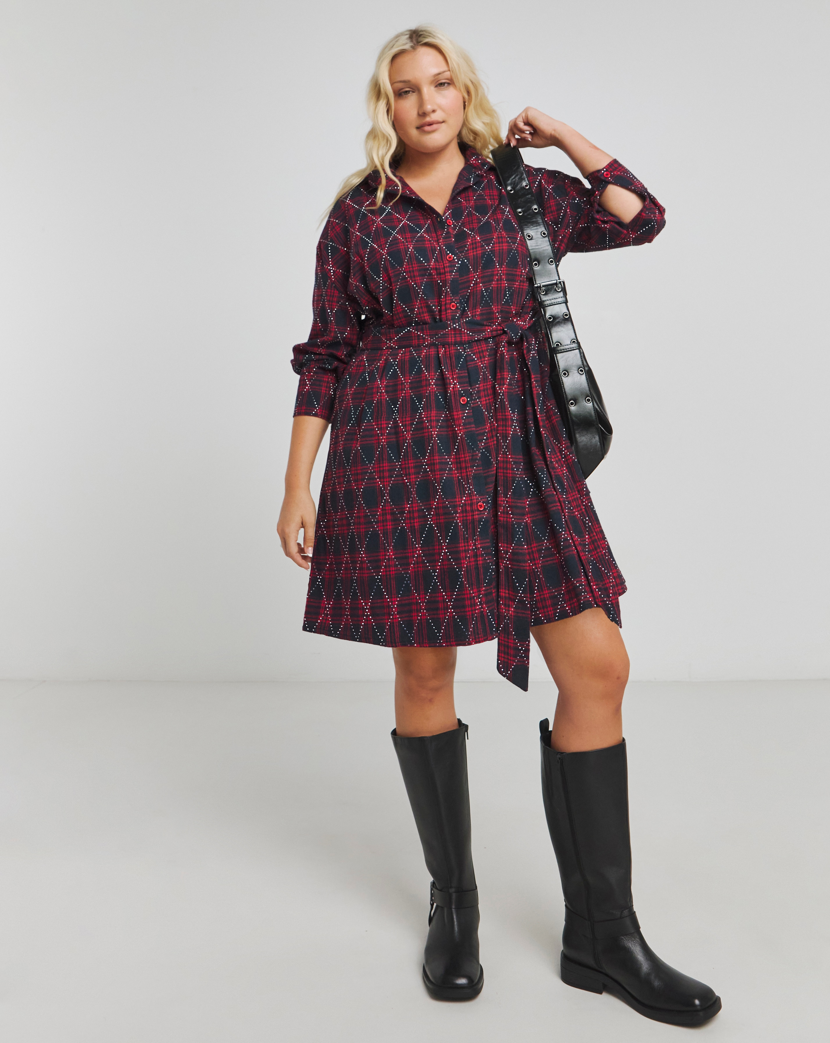 Checked Print Embellished Shirt Dress