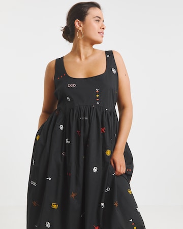 Black Embroidered Poplin Apron Dress