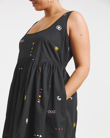 Black Embroidered Poplin Apron Dress
