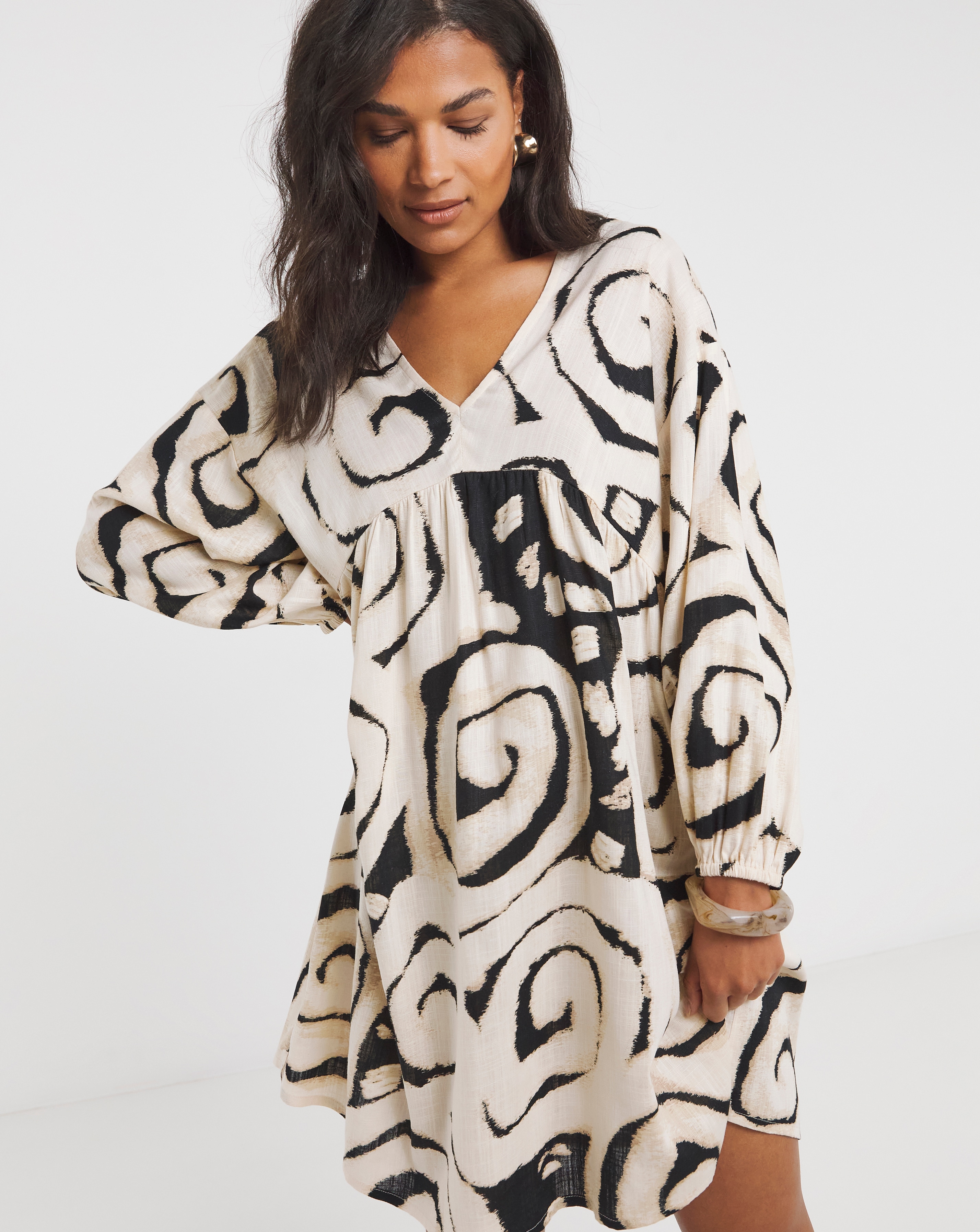 Mono Print Linen Blend Smock Dress