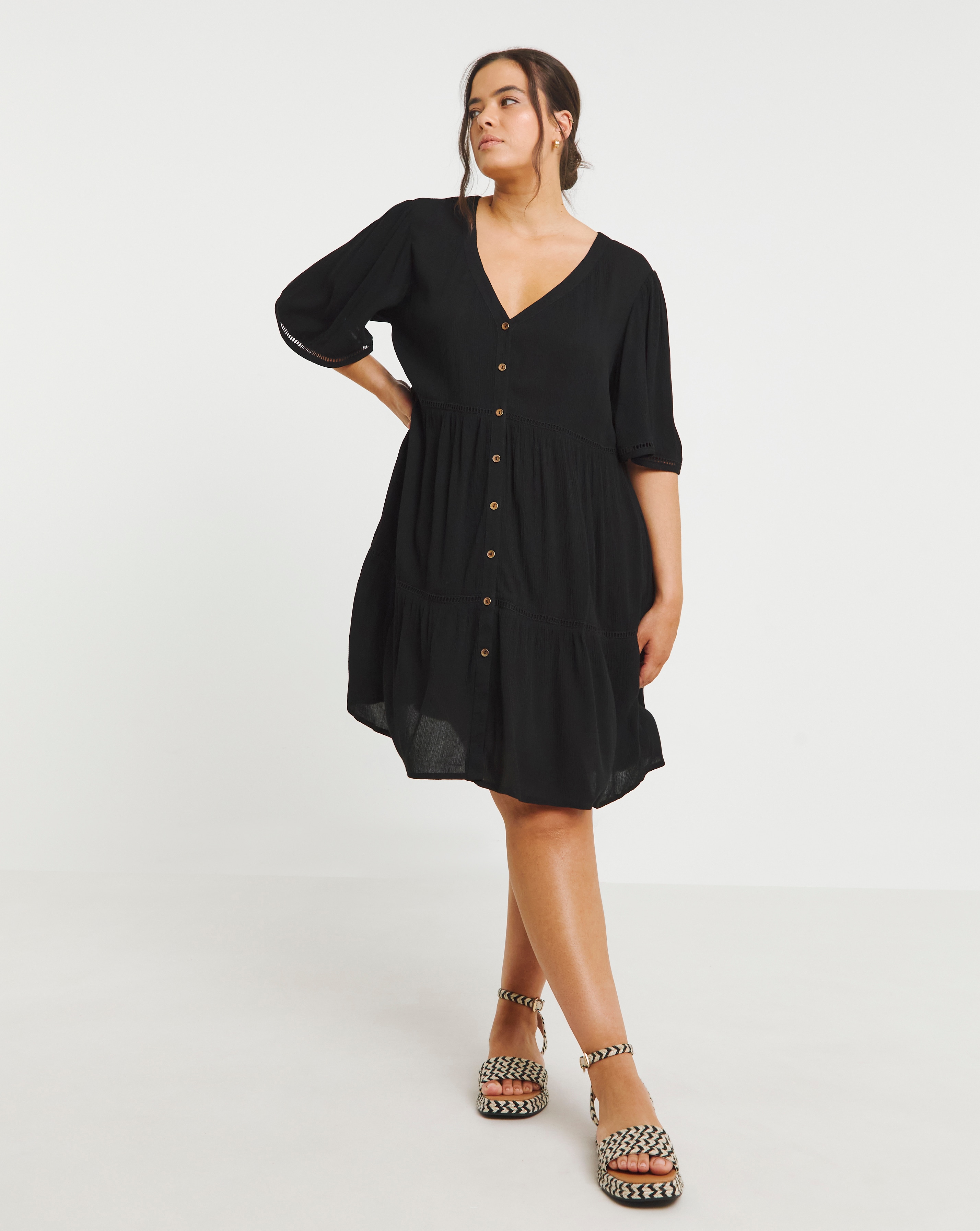 Black Crinkle Smock Dress