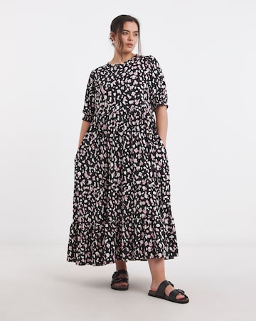Simply Be Black Print Supersoft Tiered Midi Dress