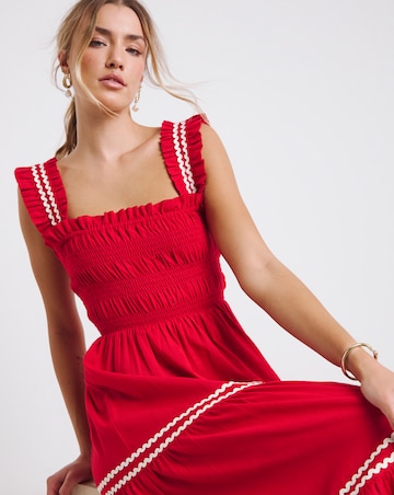 Red Shirred Midi Dress with Scallop Detail