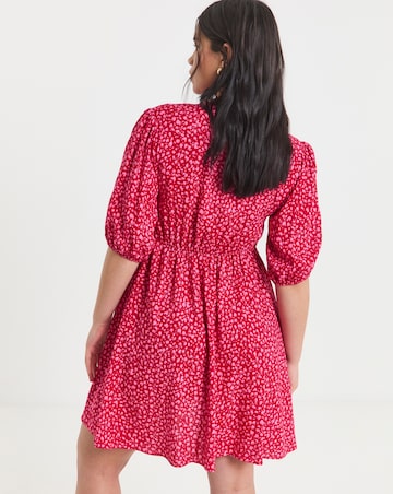 Simply Be Red and Pink Print Viscose Button Through Skater Dress